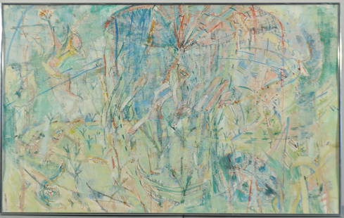 ABSTRACT PAITING BY SUSANNA COFFEY (AMERICAN -): Untitled (abstract color and shapes.), 1982Mixed media on paper, signed, dated,dedicated Condition goodDimensions Framed H 25" x40.5, sight H 24.5'' W 39 3/4"