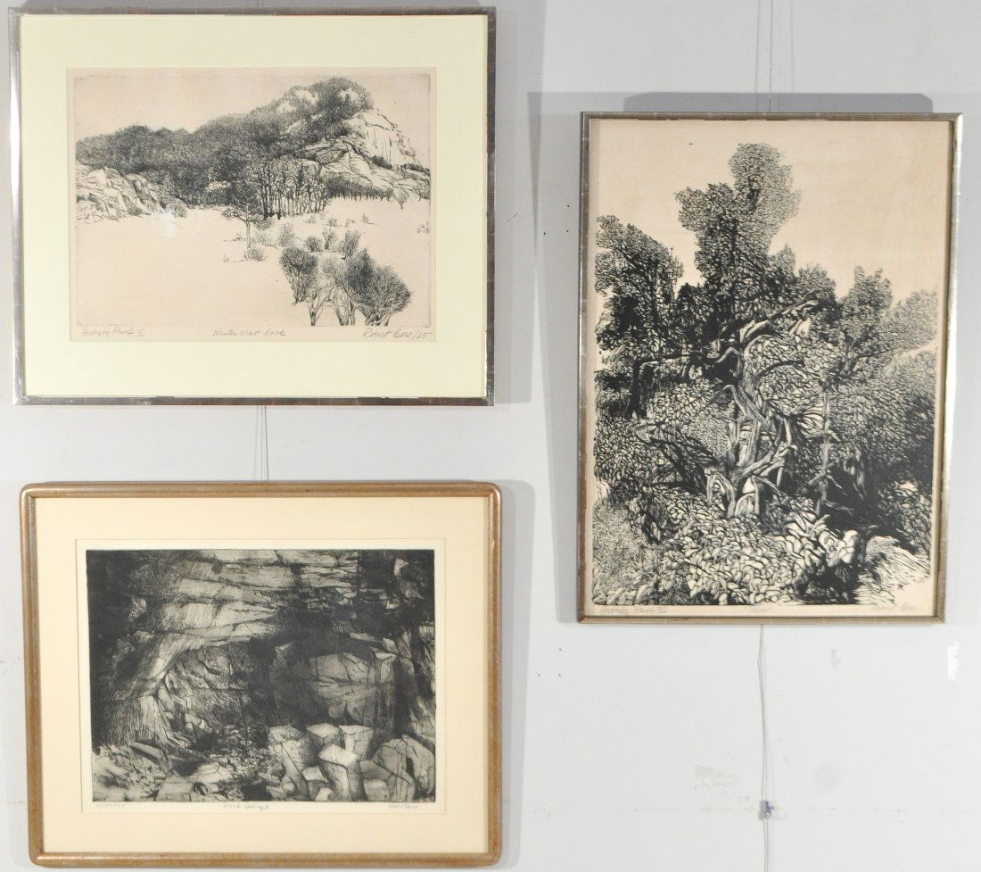 THREE PRINTS BY ROBERT BERO (AMERICAN 1941-2007): "Winter West Rock", 1965 Etching on paper, artist proof V, titled, signed and dated in pencil. Dimensions: H26.5" x W32", sight H 18" x W 24.5"Condition: good and"Rock Quarry II"Etching on paper, arti