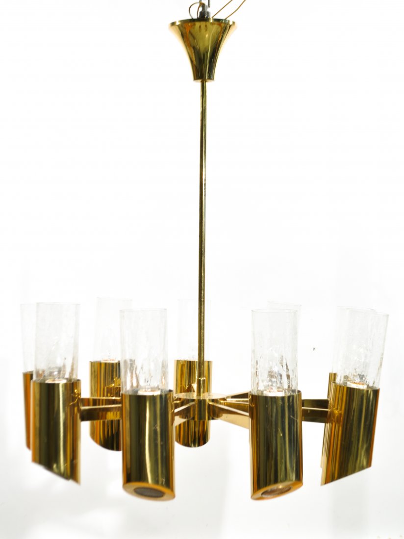 ANGELO LELLI FOR ARREDOLUCE CHANDELIER: Nine arm chandelier in brass, Venini glass murrines, crackle glass shades by Angelo Lelli, Arredoluce Monza, Italy. Dimensions: H 36" x Diameter 27"Condition: All the lights work. Missing one of the g