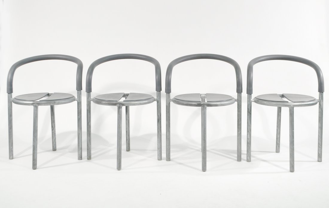 SET OF (4) FRITZ HANSEN "PELIKAN" CHAIRS: Dimensions: H 27.5" x W 18.5" x D 19"Condition: Normal wear and light oxidation to aluminum. Light scuffs to seats.