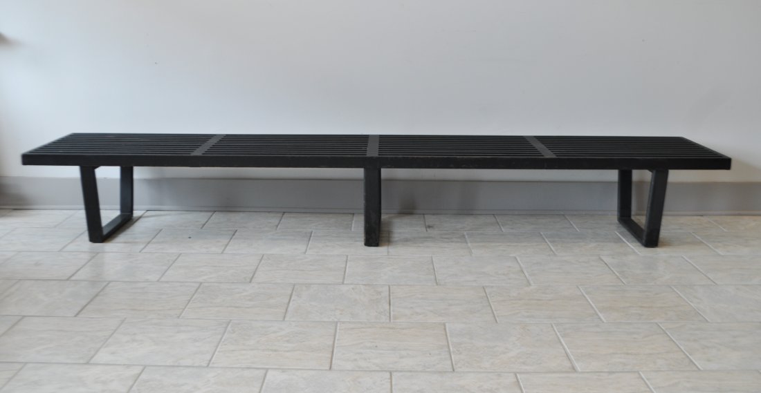 GEORGE NELSON LONG BLACK BENCH: The longest George Nelson for Herman Miller slat bench in black. Dimensions: H 14.25" x W 102" x D 18.75"Condition: Good, paint has been previously touched up, original black under, screws need tighte