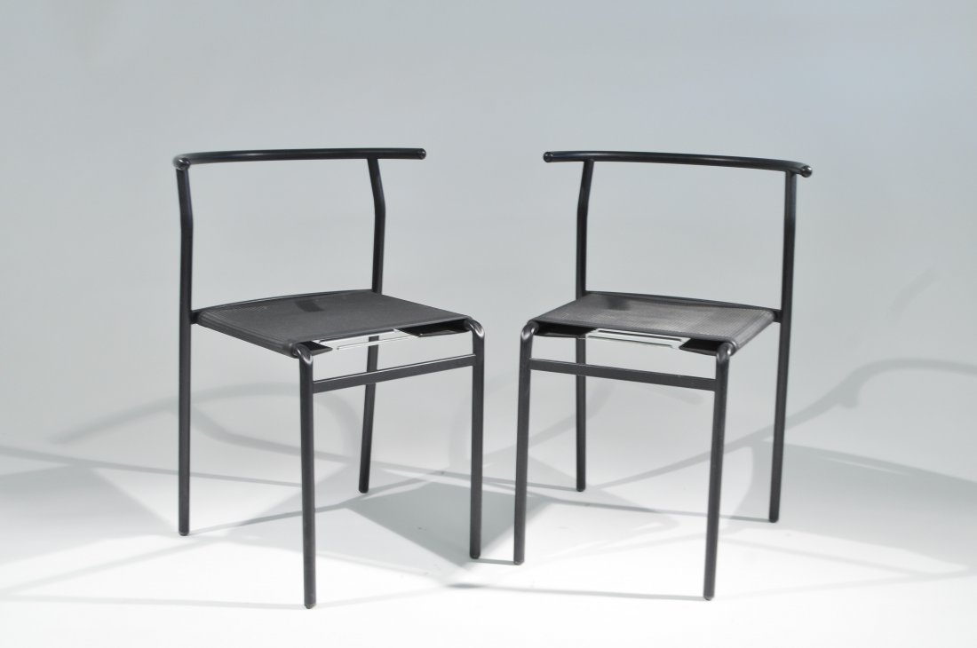 PHILIPPE STARCK FOR CERRUTI BALERI CAFE CHAIRS: Pair of painted, tubular chairs with leather straps. Italy, designed in 1984.Dimensions: H 29.5" x w 20.5" x D 20"Condition: Good, light scuffs and scratches