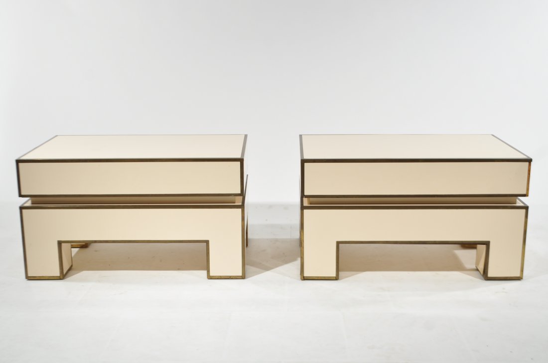 PAIR OF MARIO SABOT; MAISON JANSEN NIGHTSTANDS: Serie Alain Delon by Mario Sabot, Maison Jansen. Made in France, 1972, marked to sideDimensions: H 15.5" x W 27.75" x D 18"Condition: Missing a piece of brass trim. Some scratching.