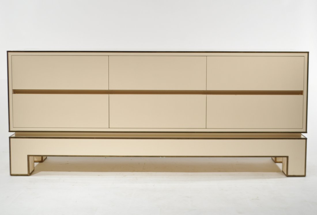 MARIO SABOT; MAISON JANSEN DRESSER: Serie Alain Delon by Mario Sabot, Maison Jansen. Made in France, 1972, marked to sideDimensions: H 35" x W 71" x D 17.5"Condition: good, loss to brass trim on back right leg
