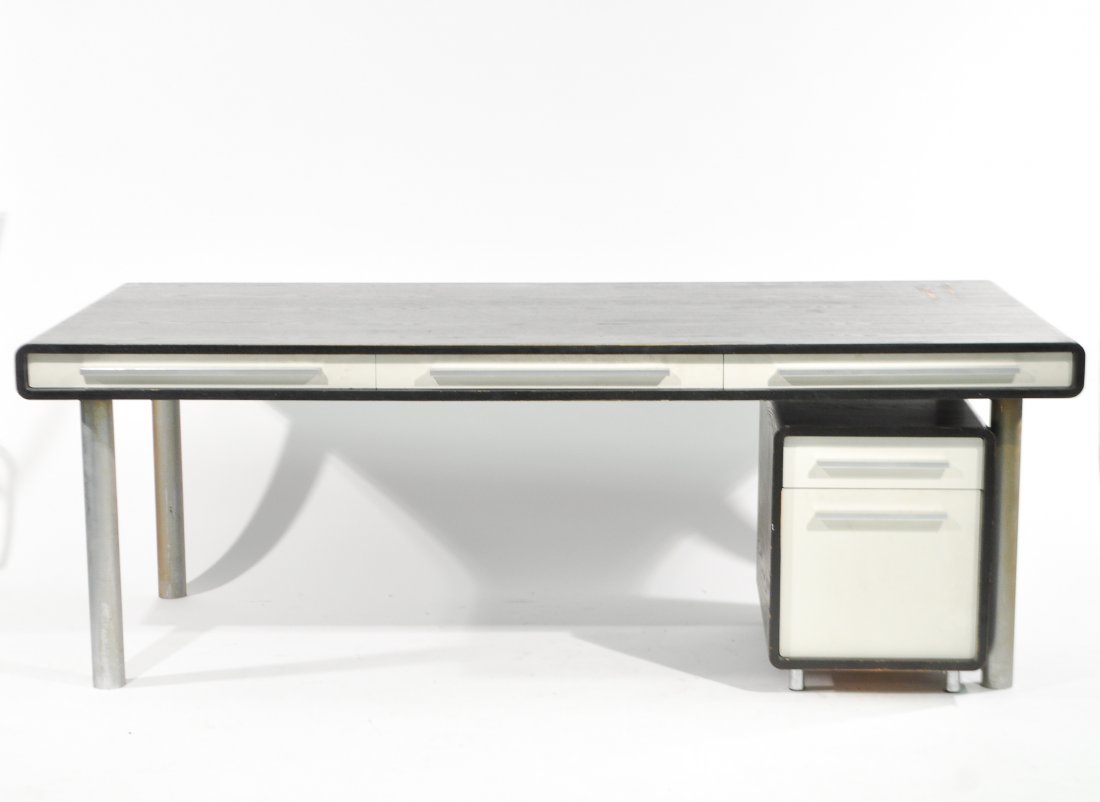 MODERN EXECUTIVE DESK: Dimensions: H 28" x W 79" x D 37.5"Condition: good, some scratches and loss to finish