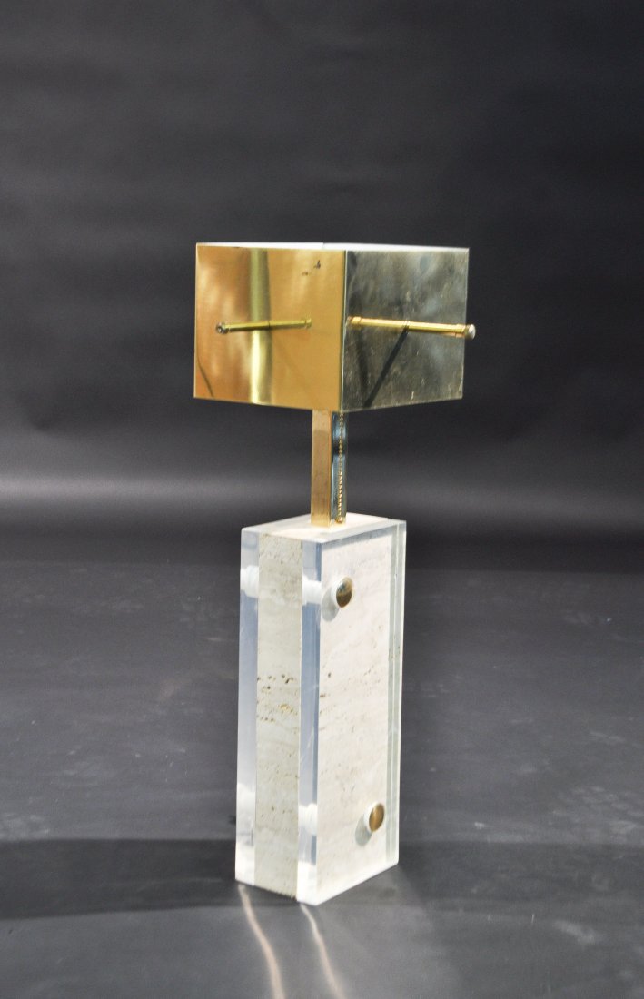 MID-CENTURY TRAVERTINE, LUCITE & BRASS LAMP: Dimensions: H 24.5" x W 14" x D 13"Condition: good