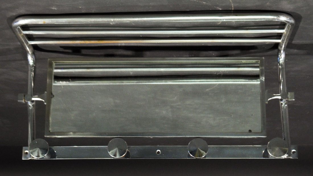 FRENCH NICKEL MIRROR & COAT RACK: Made in France, with mirror and coat pegsDimensions: H 13" x W 25.5" x D 9"Condition: Good, normal signs of age.
