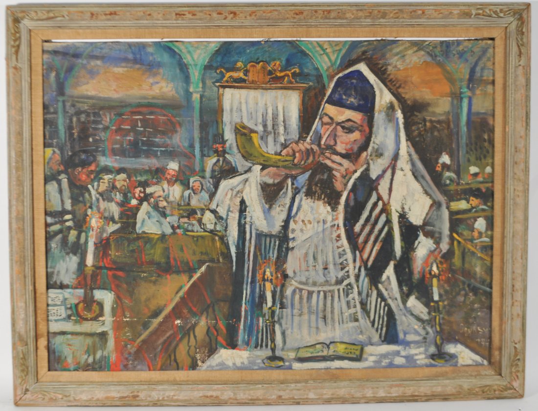 NATHAN GRUNSWEIGH (POLISH 1880-1943): Untitled ( Rabbi with his Shofar Ram's Horn Service) 1942Oil on canvas, signed and dated lower right Dimensions: Framed H34" x W44", canvas H 28" x W39"Condition: has two holes on the left side and so