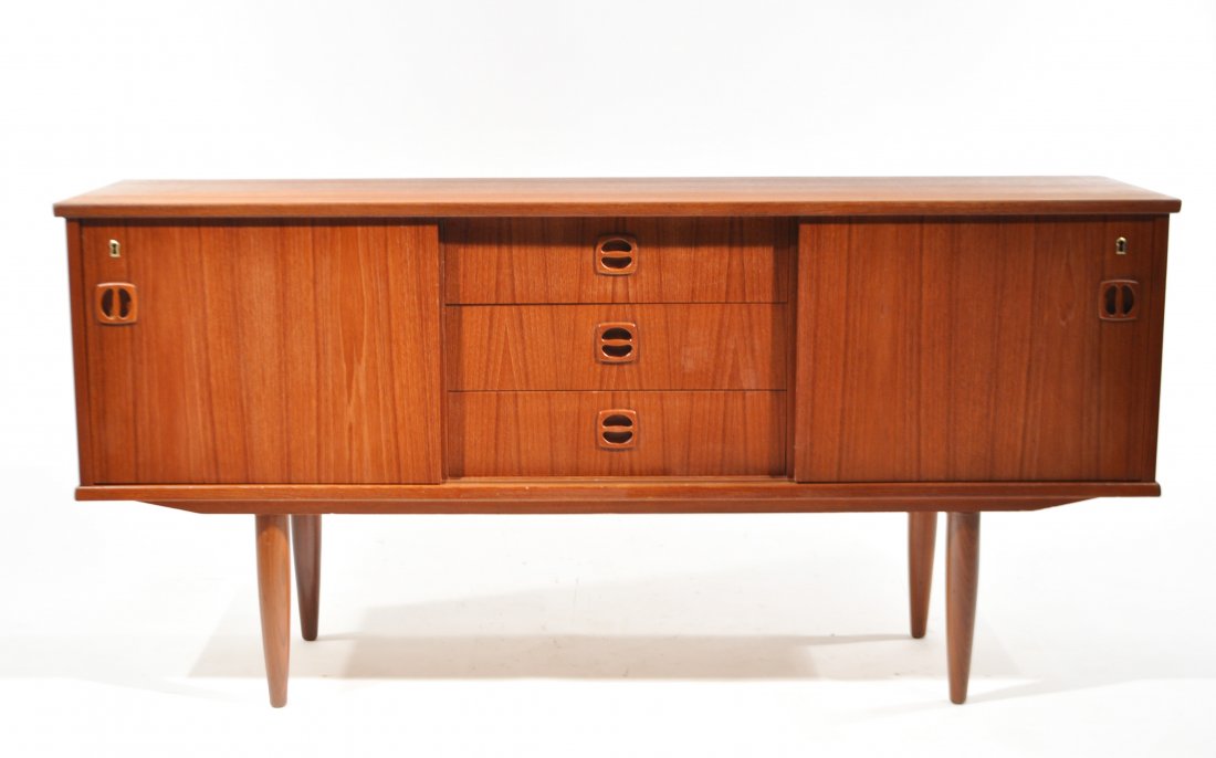 DANISH TEAK CREDENZA: Dimensions: H 29" x W 61" x D 16"Condition: good, scratch to top from use