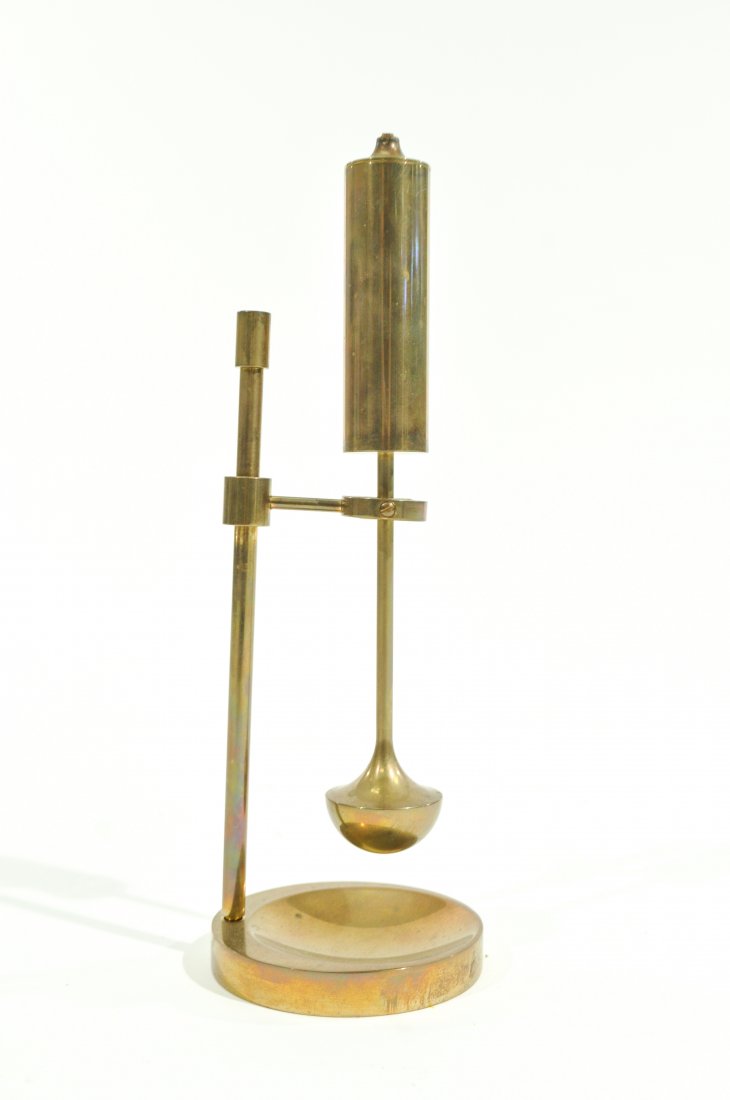 DANISH BRASS OIL LAMP BY ILSE D. AMMONSEN: Marked to backDimensions: H 10" x W 4" x D 4"Condition: good, patina