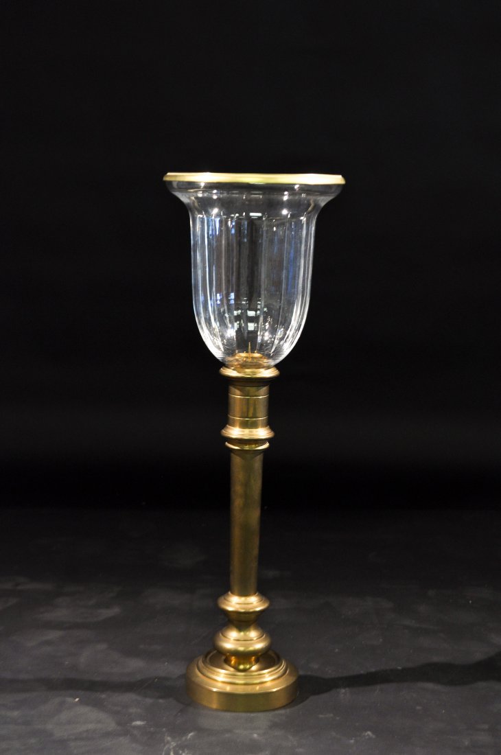RALPH LAUREN BRASS AND GLASS CANDLE STAND: Signed by Ralph LaurenDimension: H 28" x D 9.5"Condition: good