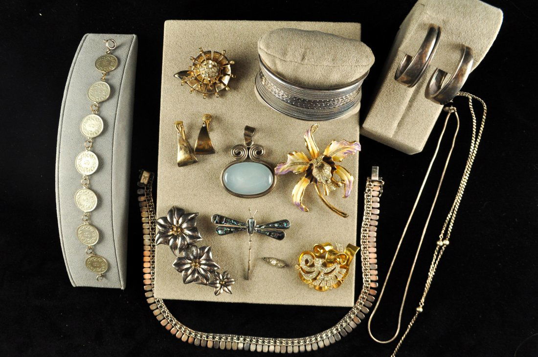 GROUPING OF STERLING SILVER JEWELRY: Including Coro craft sterling and enamel orchid brooch, Coro craft clips etc. Total Weight: 8.86 ozt Dimensions: Orchid: D 2.75"Condition: Good, wearable