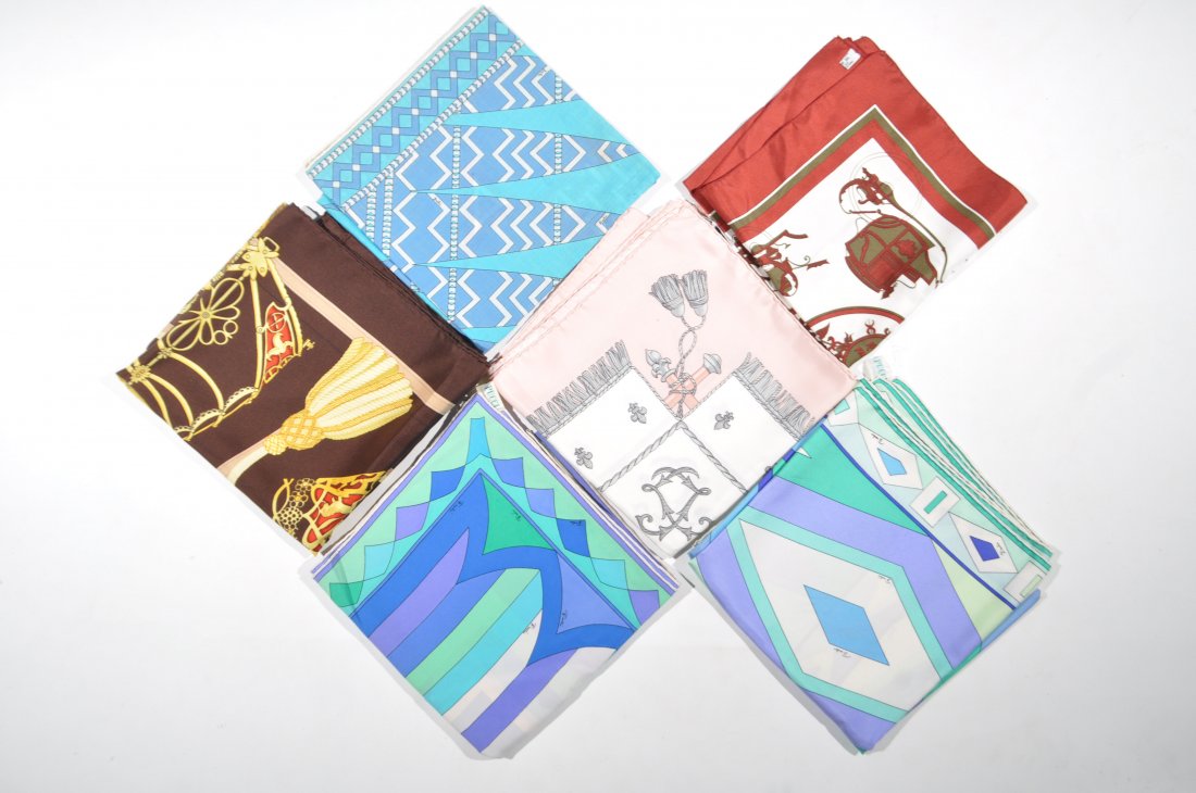 GROUPING OF HERMES AND EMILIO PUCCI SCARVES: Including (3) Pucci, (3) HermesCondition: Good, one with small mark.