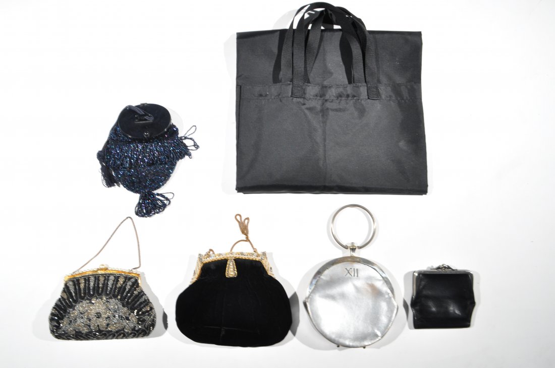 GROUPING OF DESIGNER BAGS: Including Comme des Garcons, Yohji wallet, vintage jeweled bag, blue beaded purse, Koret bag, Dimensions: CDG: 26" x 14"Condition: Most good, vintage shows some signs of age.