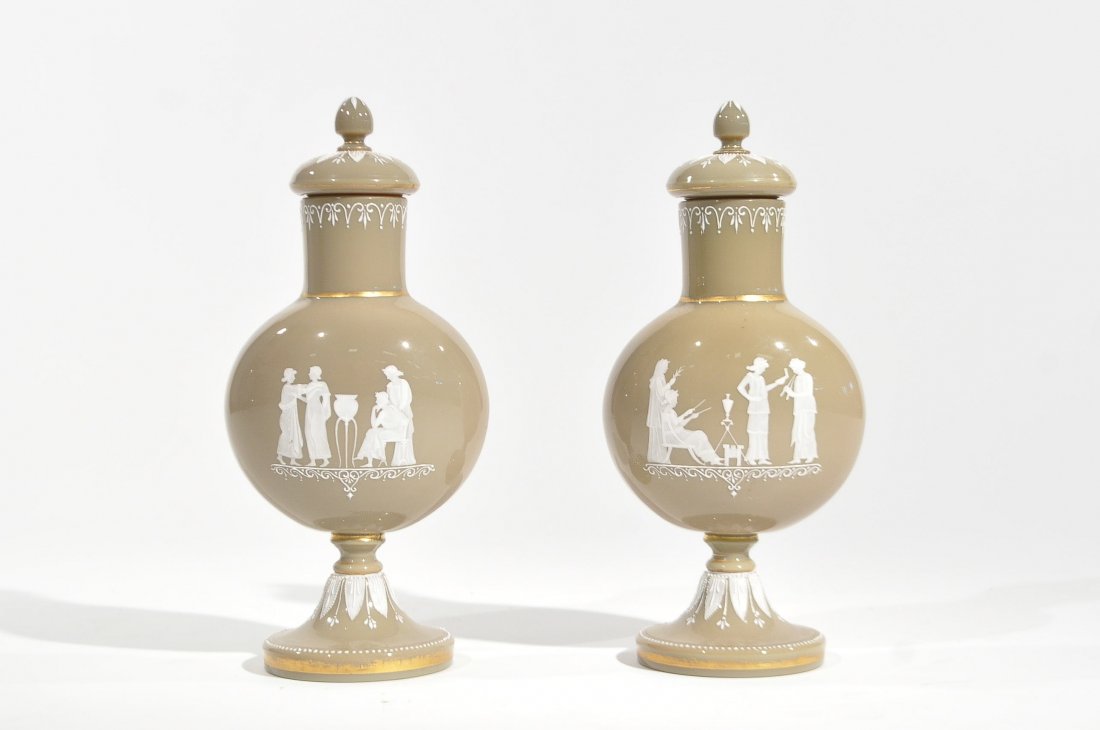 PAIR OF LIDDED PATE SUR PATE STYLE VASES: Dimensions: H 16" x W 6" x D 4.5"Condition: good, some small chips to inside of cap, no losses