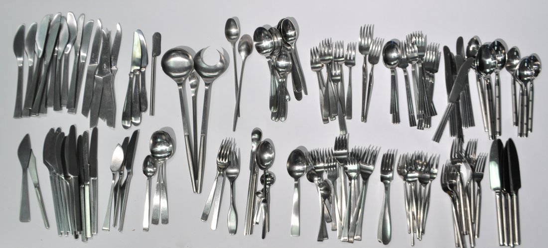 GROUPING OF MID-CENTURY MODERN FLATWARE: Mixed lot including: Olessi, Kalmar, WMF, Cromargan, Gense, Dansk, Lauffer, Zani, LundtofteCondition: Used.