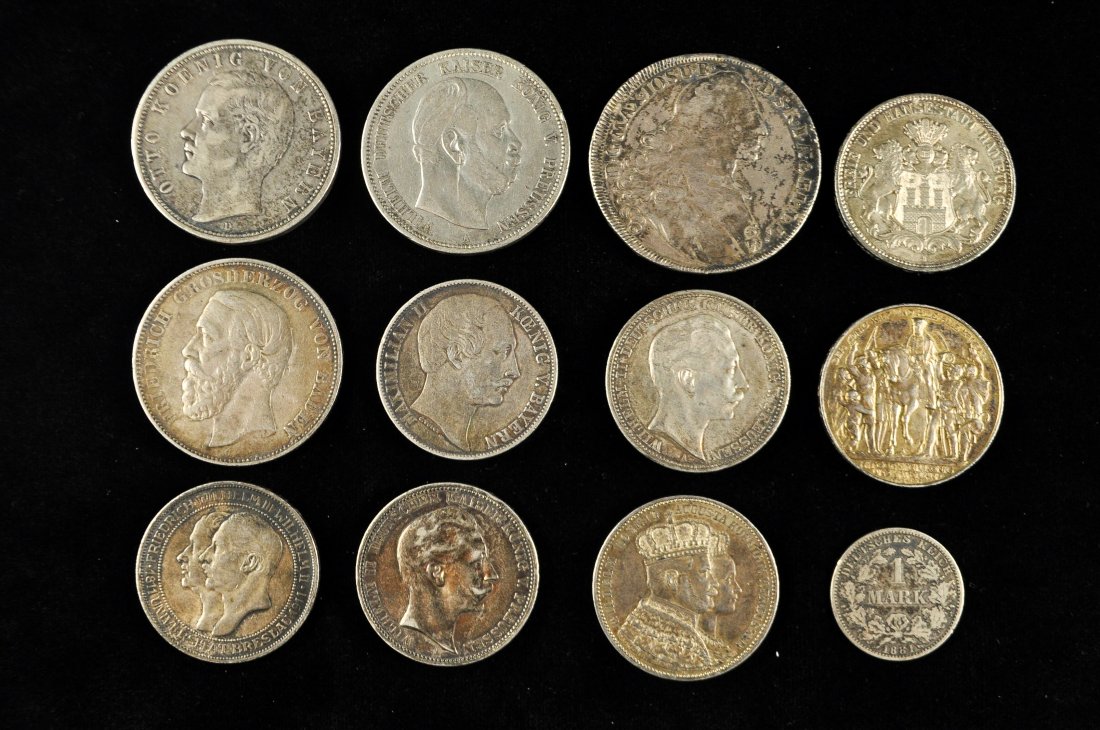 GROUPING OF GERMAN COINS: Including 1768 Bavaria Thaler, (3) Wilhelm II coins, German States BADEN 5 Mark 1875-G, Germany Bavaria 5 MARK 1898-D, Germany Prussia 3 mark 1913 w Napolean, Germany Hamburg 3 mark 1914 J, Prussia 3 
