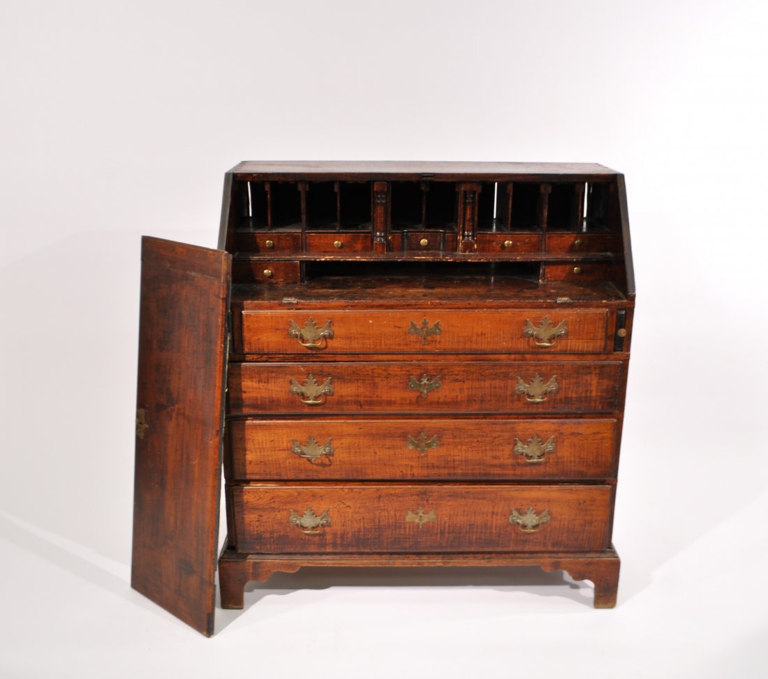 18TH C. GOVERNOR WINTHROP DESK: Original hardware and early dovetailing on all joints of drawers as well as to the top piece. Dimensions: H 40" x W 35" D 17"Condition :good condition, minor scratches and wear appropriate to age.