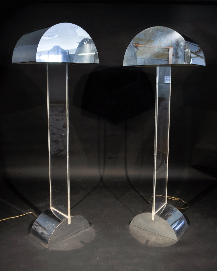 GEORGE KOVACS CHROME & LUCITE FLOOR LAMPS: Dimensions: H 59.5" x W 20" x D 12"Condition: Dent to chrome of one shade, light pitting, some surface scratching.