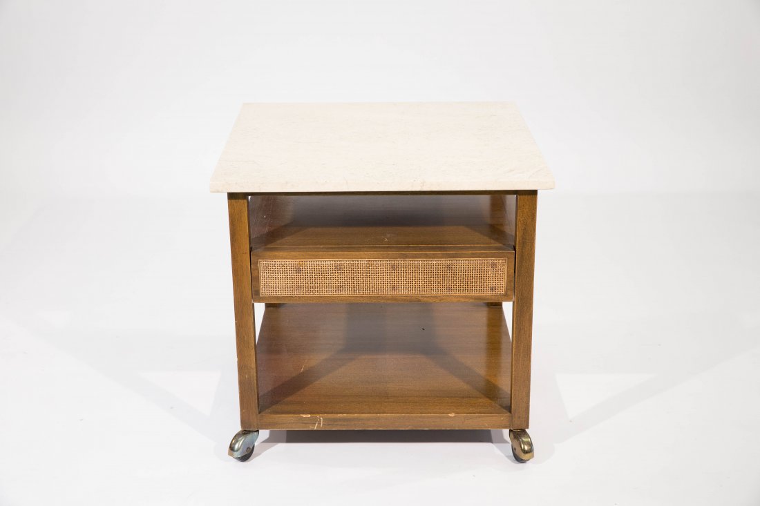 HARVEY PROBBER TRAVERTINE TOP END TABLE: Dimensions: H 23" x W & D 24" squareCondition: Good, normal use