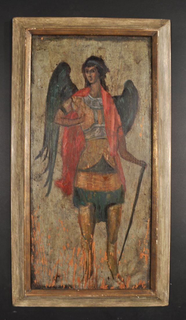 BYZANTINE STYLE ANTIQUE ST. MICHAEL PORTRAIT: Oil on wood panel not signed Dimensions: H 35" x W 18.5" frame; H 29.5" x W 14" sightCondition: losses to paint and panel on bottom half
