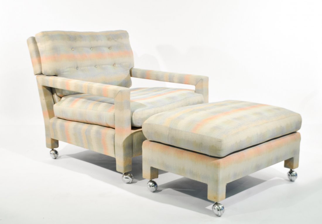 MILO BAUGHMAN RECLINING LOUNGE CHAIR AND OTTOMAN: Thayer Coggin label beneath seatDimensions: H 31" x W 29" x D 36"Condition: Normal wear with small hole at back seam