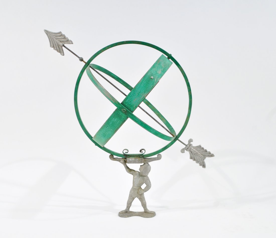DANISH COPPER PARK ARMILLARY: Copper and Brass green painted Denmark circa 1920sDimensions: H 38.5" x W 26.5" x D 22"Condition: good