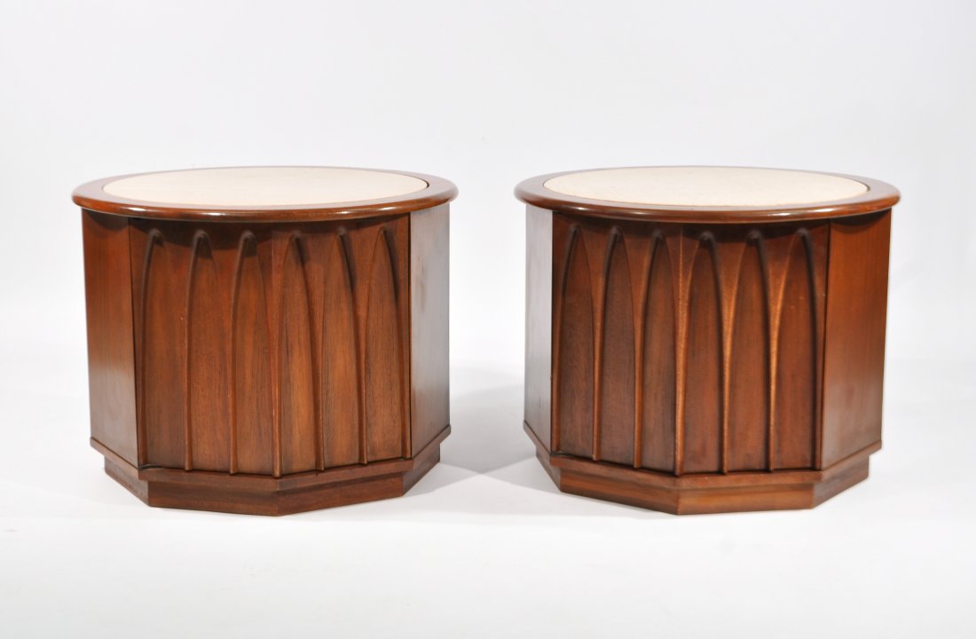 PAIR OF MID-CENTURY TRAVERTINE TOP END TABLES (1 of 10)