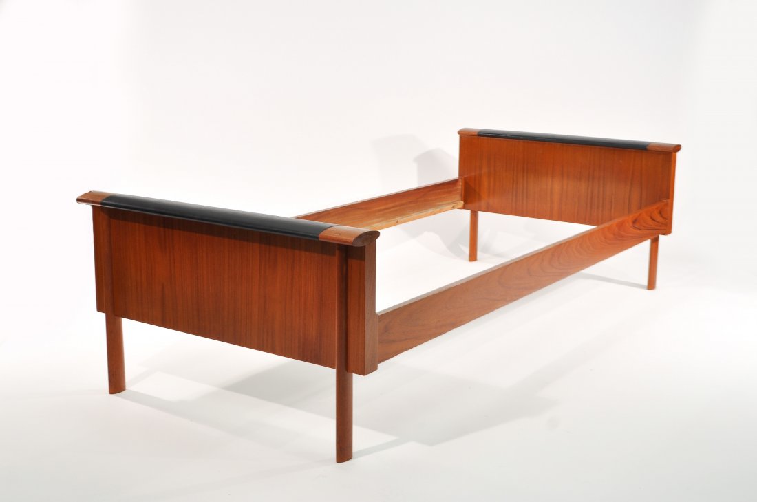 MID-CENTURY DANISH TEAK & LEATHER TWIN BED: European size 1950sDimensions: H 22" x W 35.5" x D 81"Condition: good