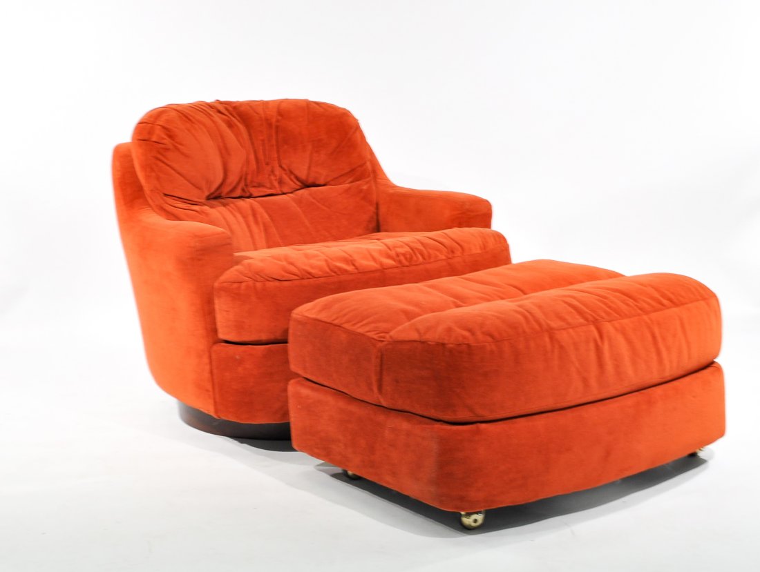 MID-CENTURY SELIG LOUNGE CHAIR AND OTTOMAN: Selig Lounge chair and ottoman USA 1970s Upholstery and walnut fabric labels. chair tilts & swivels. Ottoman on castors. Dimensions: H 32" x W 36" x D 40" chairCondition: Fabric & foam are soft. Good