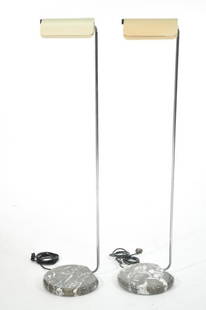 BRUNO GECCHELIN	 PAIR OF TEGOLA FLOOR LAMPS: For Skipper circa 1970s Italy. Adjustable lamps of marble chromed steel and painted aluminum. Signed to the plastic knobs complete with original brochure.Dimensions: H 50" x D 11" (base)Condition: Lit