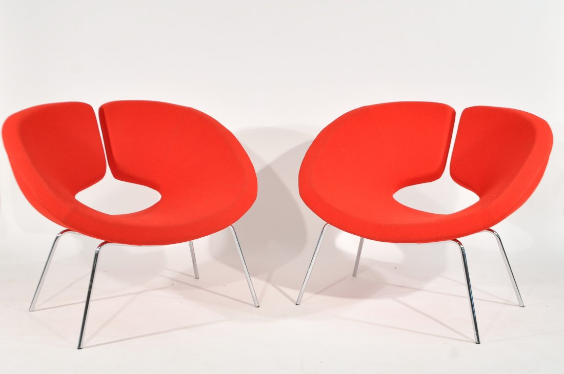 PAIR OF PATRICK NORGUET APOLLO CHAIRS: With metal label under. Patrick Norguet for Artifort Apollo. Dimensions: H 29" x W 37" x D 27"Condition: Good two small holes on one.