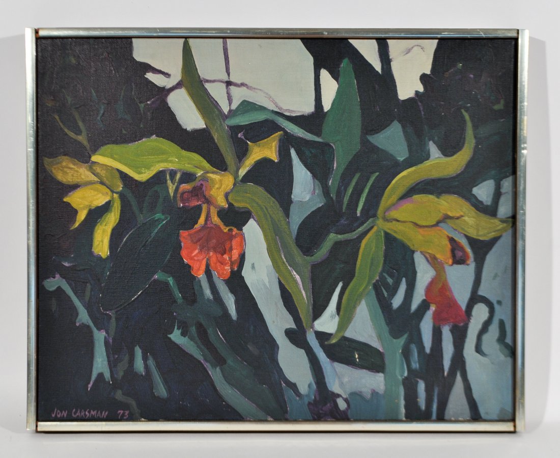 JON CARSMAN (AMER. 1944-1987) OIL PAINTING: Oil on Canvas 1973 "Yellow Cats" signed lower leftDimensions: H 17" x W 21"Condition: good