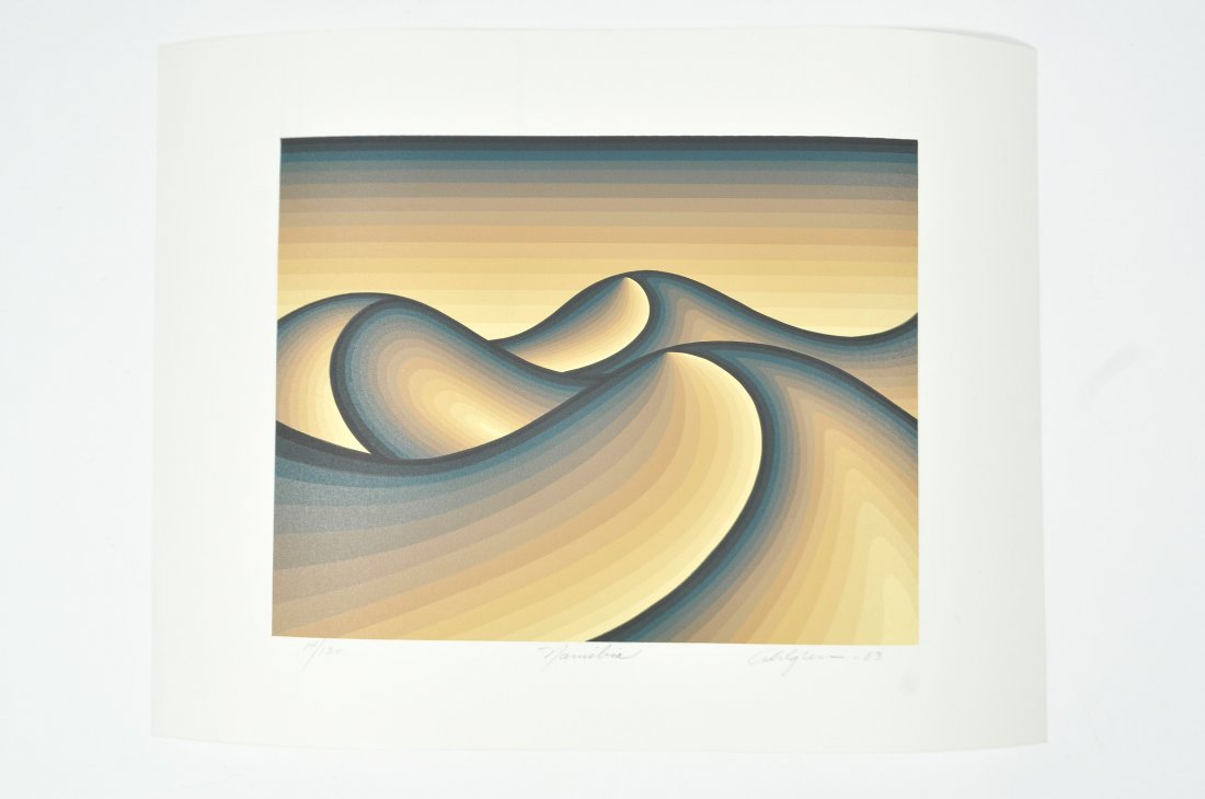 ROY AHLGREN (AMERICAN 1927-2011) OP ART SILKSCREEN: Signed in pencil to bottom "Namibia" 14/130 circa 1983Dimensions: H 15" x W 20" unframedCondition: good