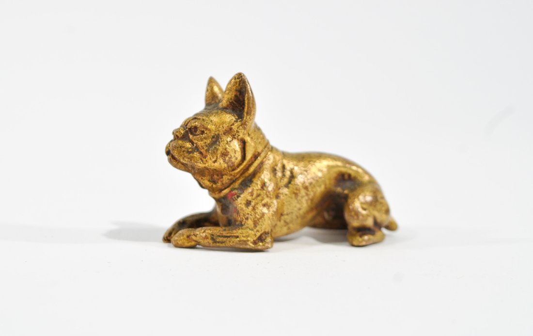 TIFFANY STUDIOS BRONZE DOG: Stamped Tiffany Studios New York incised 1958Dimensions: H 1.5" x W 2.5" x D 1"Condition: good light wear to patina