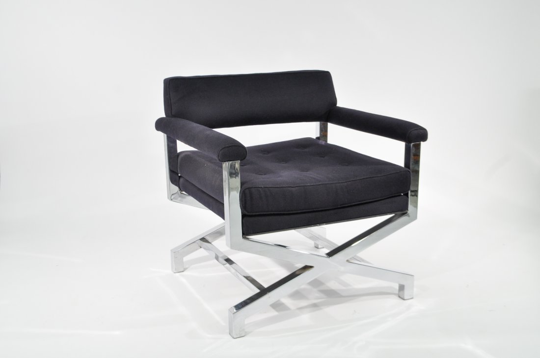 MILO BAUGHMAN STYLE MODERN CHAIR: Dimensions: H 29" x W 26" x D 28"Condition: good, cushions are plush, fabric is soft, chrome is bright, light rust to foam at joints