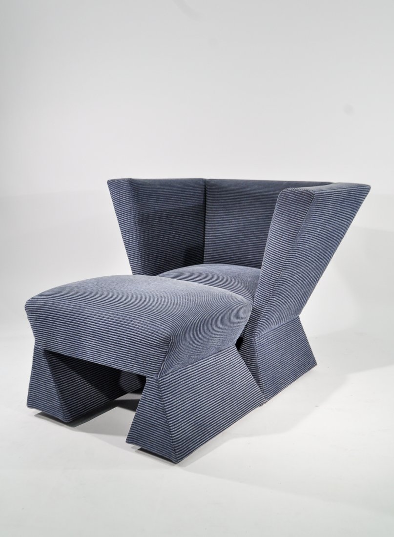 MEMPHIS STYLE CHAIR AND OTTOMAN: Dimensions: H 32" x W 36" x D 27" chairCondition: good, soft cushions, clean fabric