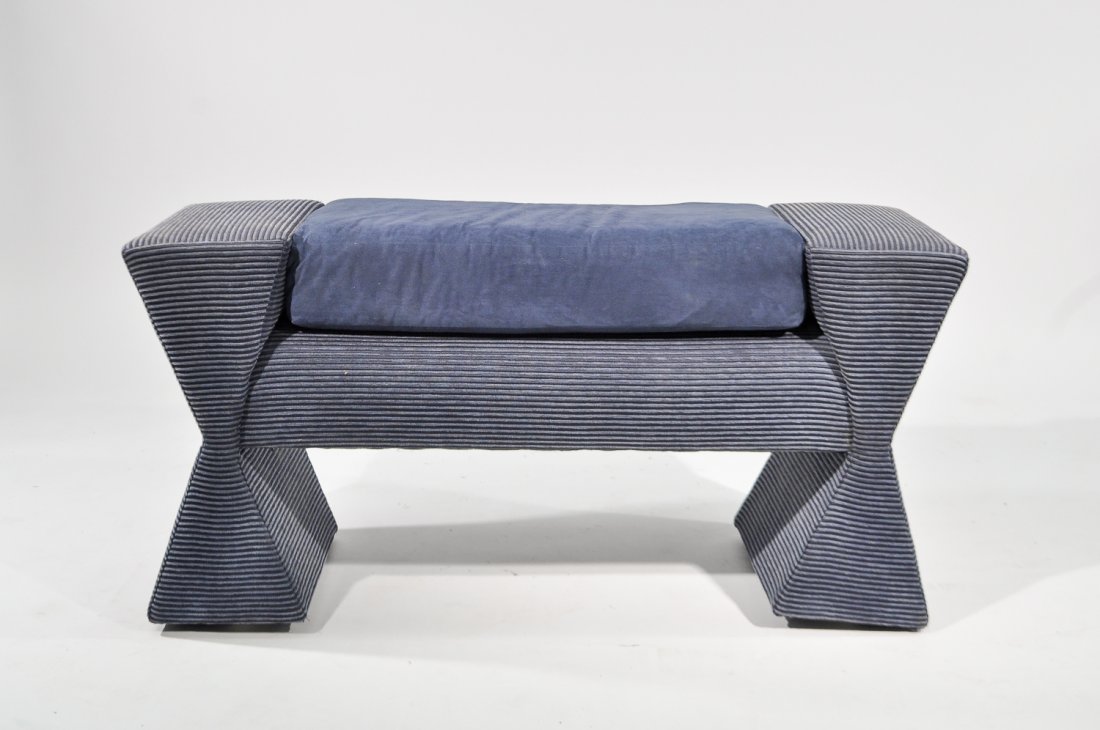 MEMPHIS STYLE BENCH: Dimensions: H 20.5" x W 41" x D 16"Condition: overall quite good, light wear to upholstery around edges