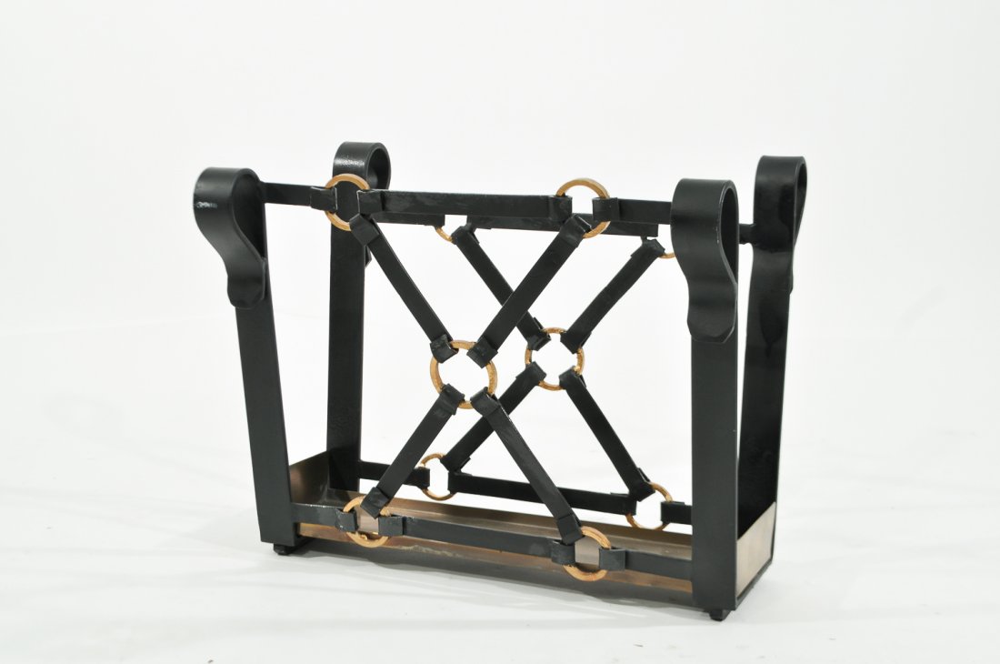 METAL FAUX LEATHER STRAP MAGAZINE STAND: Dimensions: H 14.5" x W 18.25" x D 12 1/8"Condition: good