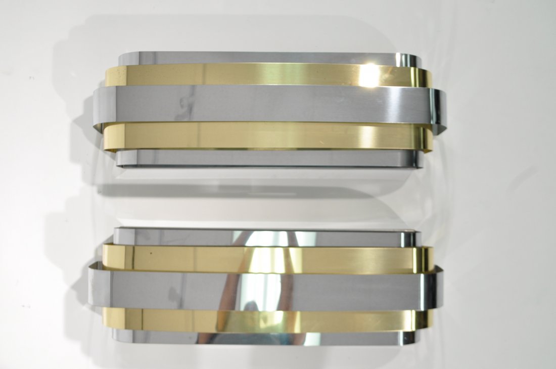 PAIR OF MID-CENTURY MODERN LIGHTOLIER SCONCES: Dimensions: H 8" x W 27" x D 7"Condition: good, some patina, tarnishing to brass