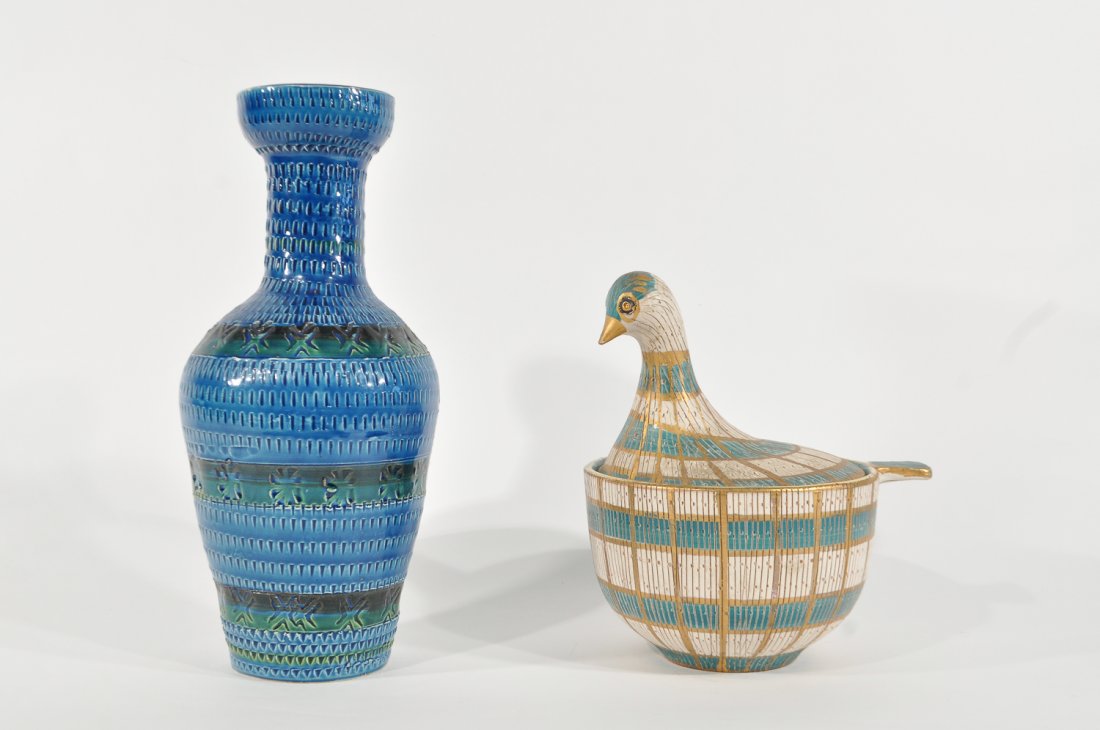 (2) ITALIAN MID-CENTURY CERAMICS INCL. BITOSSI: Dimensions: H 12" x Diameter 5.5"Condition: good, repair to tail of bird, small glaze losses scattered throughout both pieces