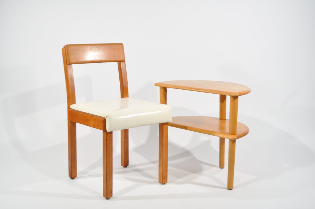 RUSSEL WRIGHT CHAIR AND DEMILUNE TABLE: Conant Ball, marked to bottomDimensions: H 22" x W 24" x D 14" tableCondition: good, some surface scratching to top, cracking to leather