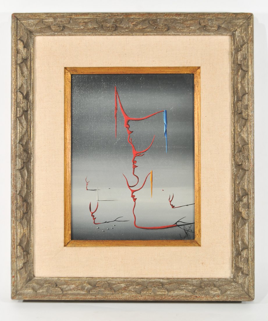 JORGE SANCHEZ (DOMINICAN 1938-1987): ACROBATSOil on canvas, signed lower rightDimensions: Frame H20" x W17", canvas H 12" x W 9"Condition: good, some scuff marks.