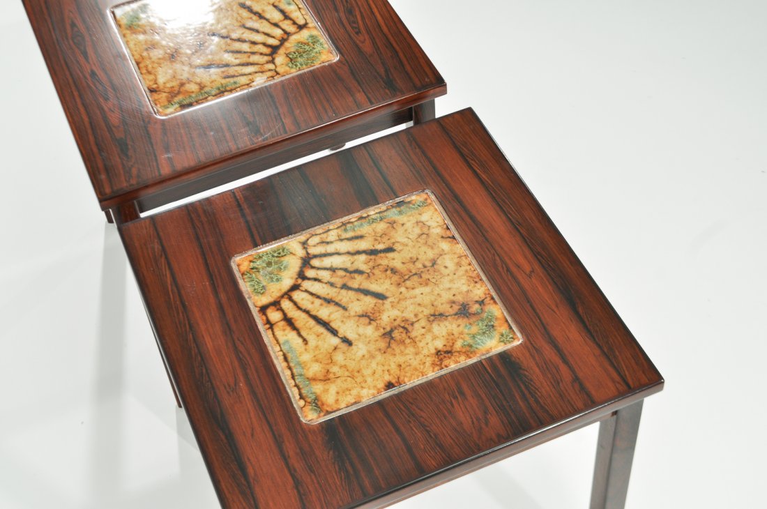 PAIR OF ROSEWOOD CERAMIC TILE SIDE TABLES: Dimensions: H 15.75" x W 15" x D 15"Condition: good