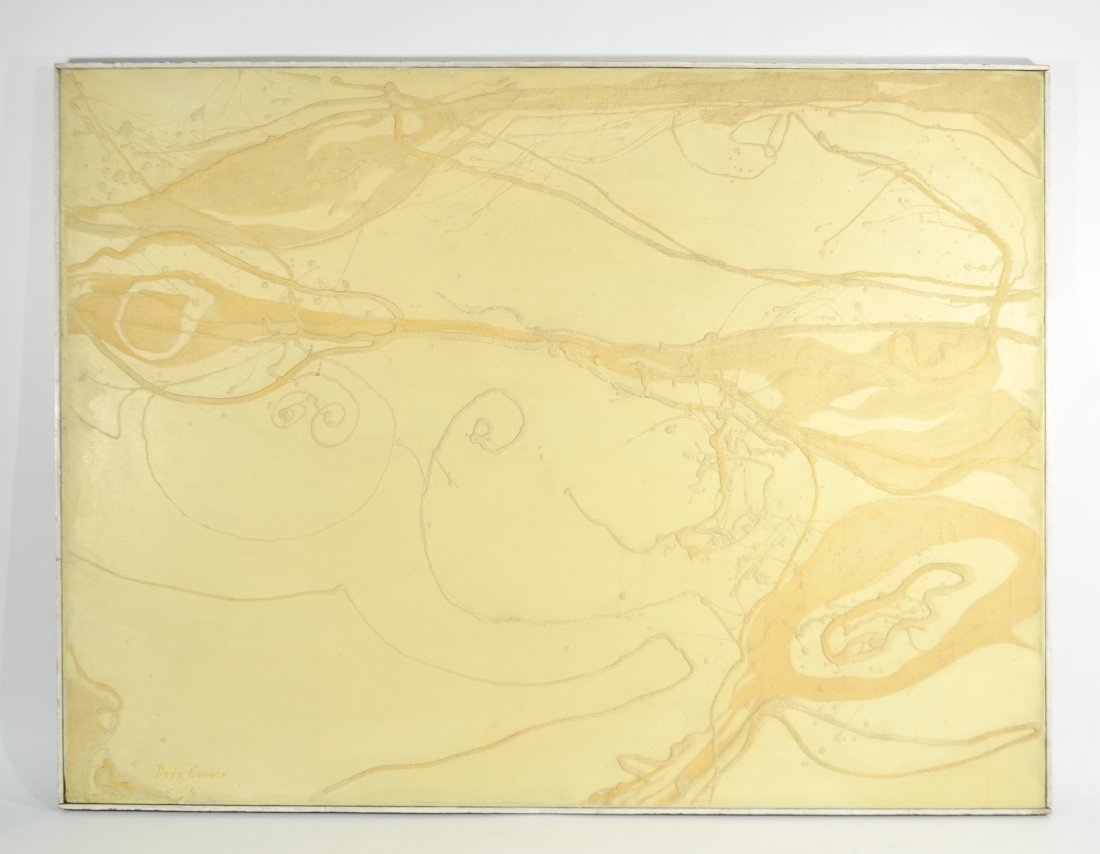 DEDE COOVER MID-CENTURY SAND PAINTING: Dimensions: H 37" x W 48.5"Condition: good, small dent near corner