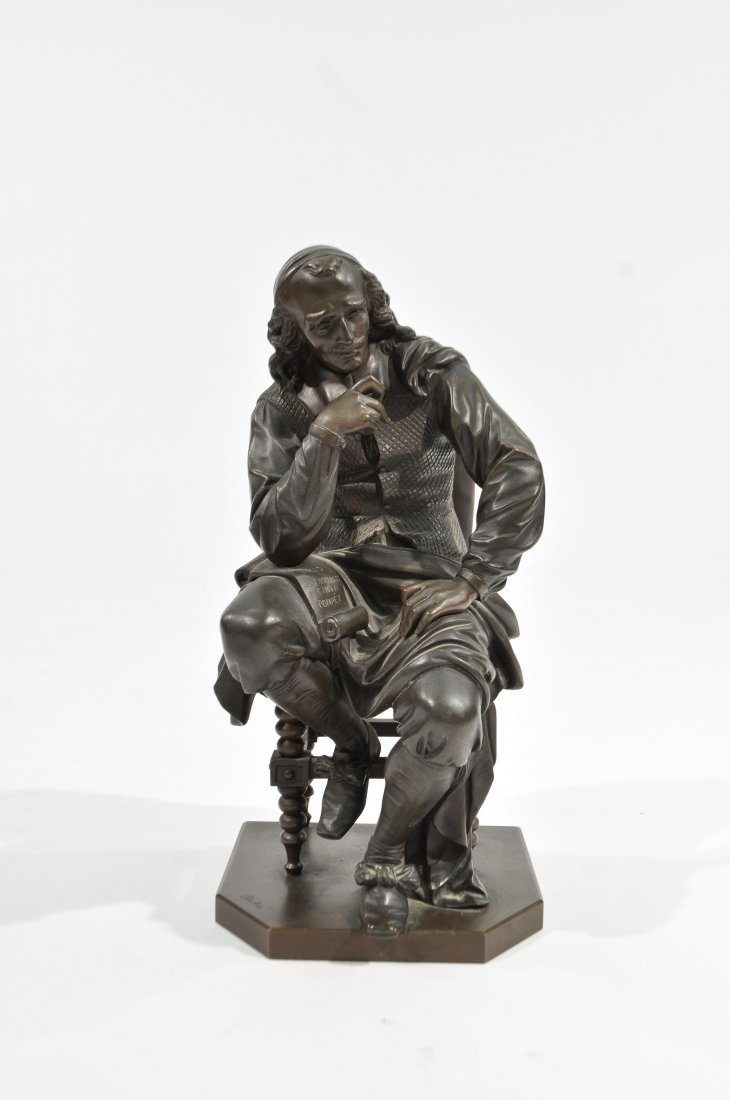 JEAN BULIO (FRENCH, 1827-1911) BRONZE SCULPTURE: Bronze sculpture depicting Pierre Corneille, signed Bulio, with markings to back, figure has a scroll reading LECID Les Horaces Cinna PompeeDimensions: H 12.75" x W 6.25" x D 6.5"Condition: good