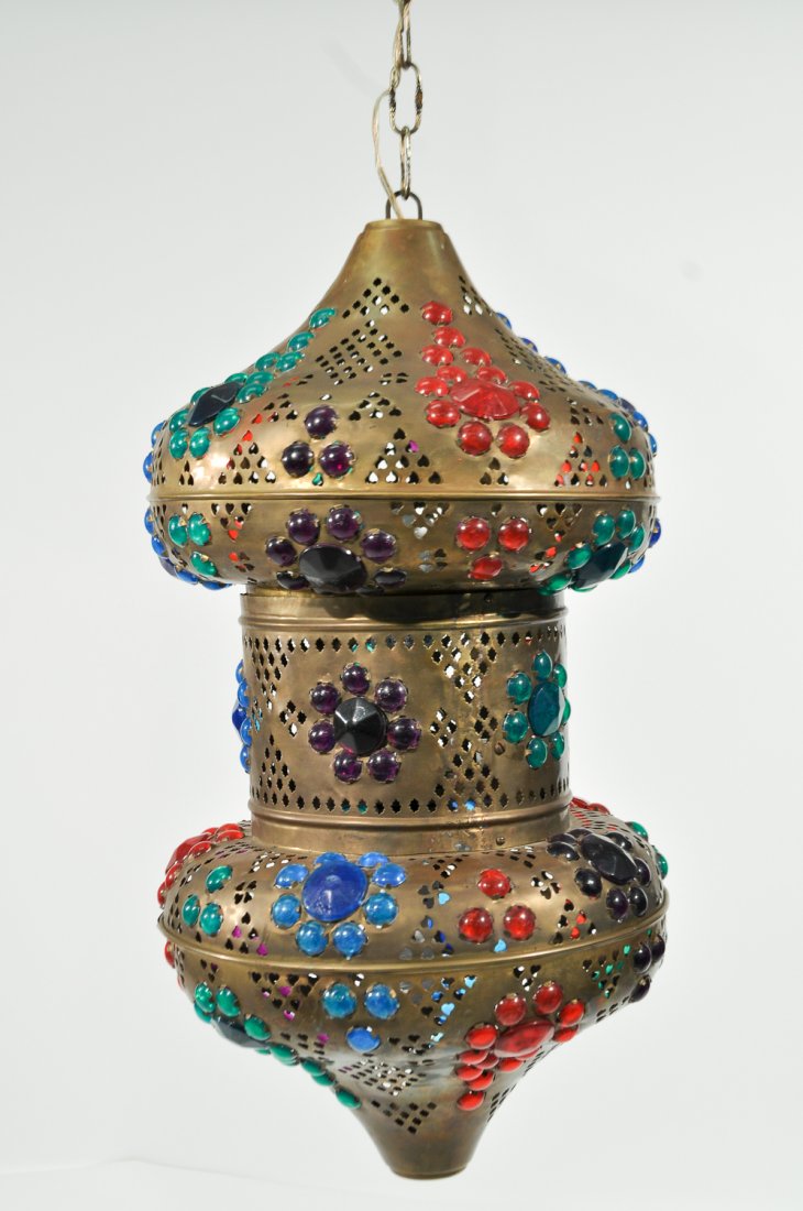 MOROCCAN STYLE PIERCED LAMP: Dimensions: base of chain H 24" x diameter 13"Condition: good