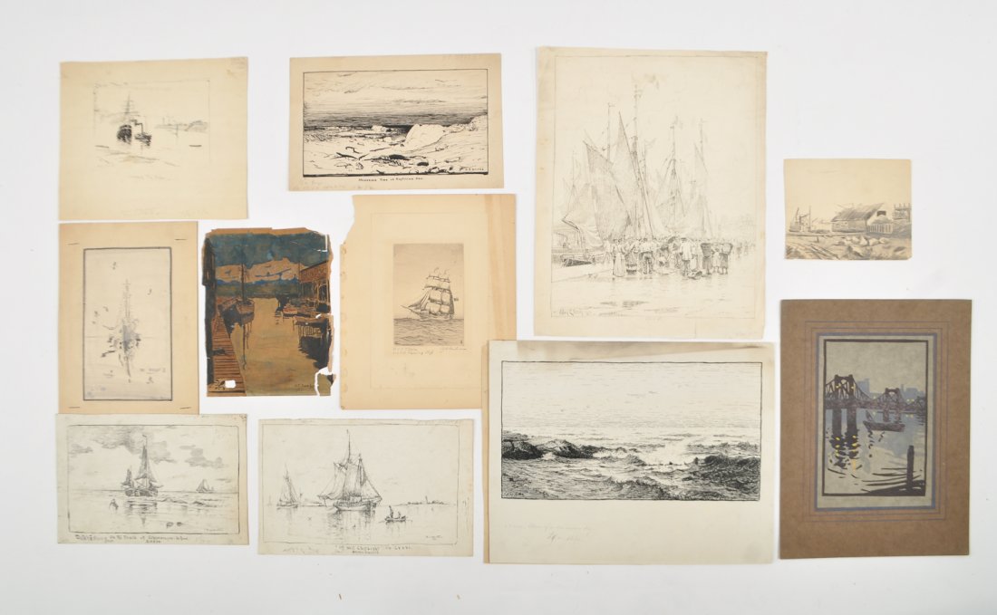 BOATS, SHIPS, WATERCOLORS, INK DRAWINGS AND PRINTS: A grouping 12 various Boats, Ships, Seascapes images.Artist:: Frederick Leo Hunter (American 1858 -1943), Frank Boggs ( American 1855-1926), W. T. Coombs, Frank Rresyon, J.R. Stites, E. Sanders, Frank