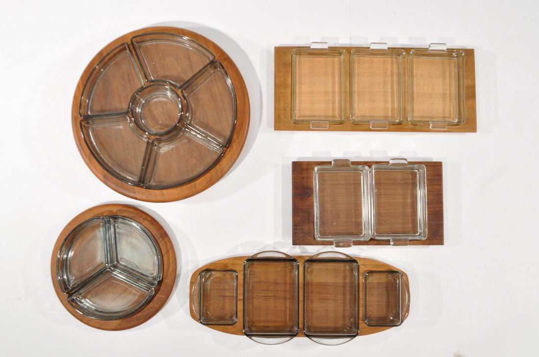 DANISH SERVING TRAYS: 1960's made in Denmark by DigsmedDimensions: H 4" x Diameter 12" largest circular trayCondition: good, crack and repair to teak corner