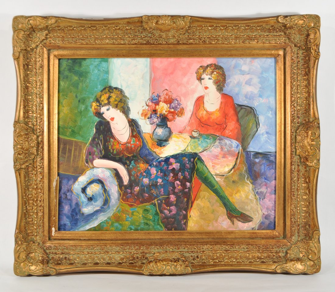 AFTER ITZCHAK TARKAY (1935-2012): Untitled (two Ladies seating in a room)Oil on canvas,signed lower right.Dimensions: Frame H 22" x W 26", canvas H14" x W 19 3/4"Condition: good. inside lower left frame damage.